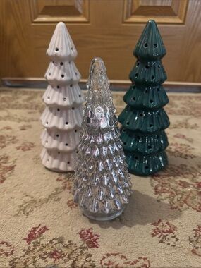 3 Ceramic & Glass Holiday Tree Trio - Green, White, Silver light up trees